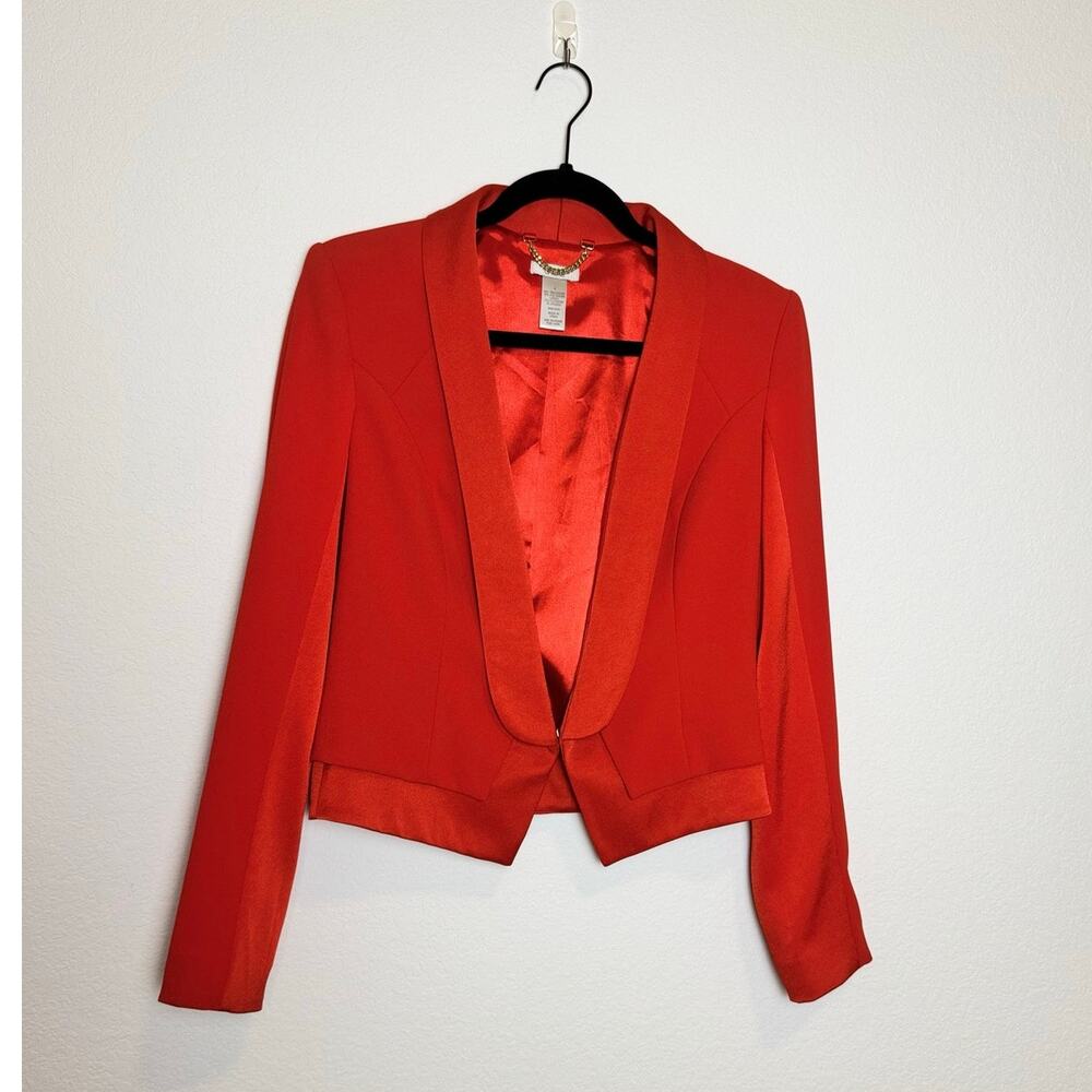 CACHE Red Cropped Tuxedo Blazer Jacket Satin Trim Shawl Lapel, 4